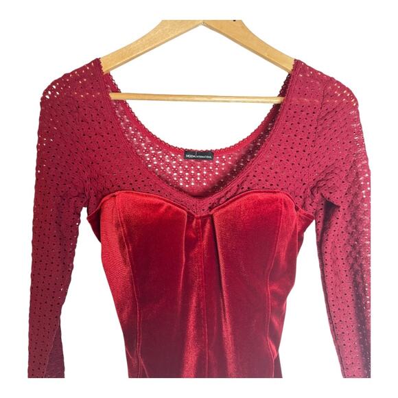 Womens Vintage Moda International Red Wine Velvet Lace Long Sleeve Top Small - Picture 2 of 5